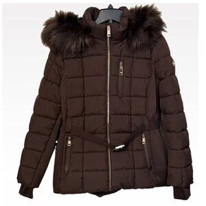 Michael KORS Women’s Belted Faux Fur Hooded Puffer Coat Jacket Brown  L